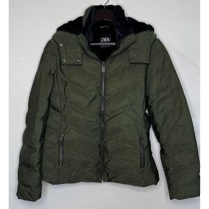 ZARA Puffer Jacket Hooded Faux Fur‎ Trim Olive Green Women XL